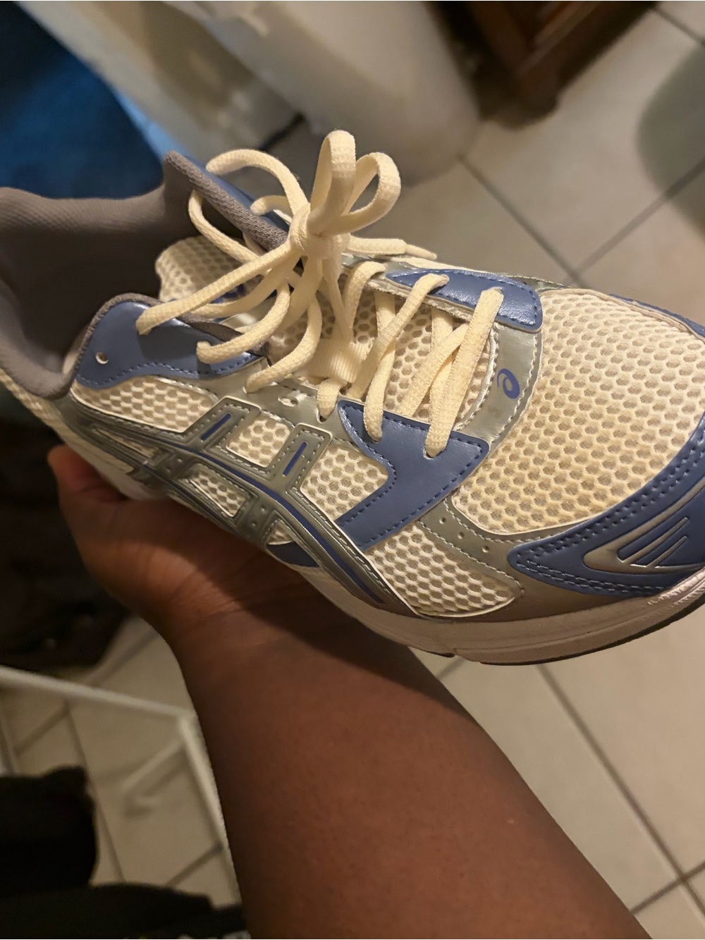 ASICS Cream, Light Blue and Silver Mesh Athletic Sneakers